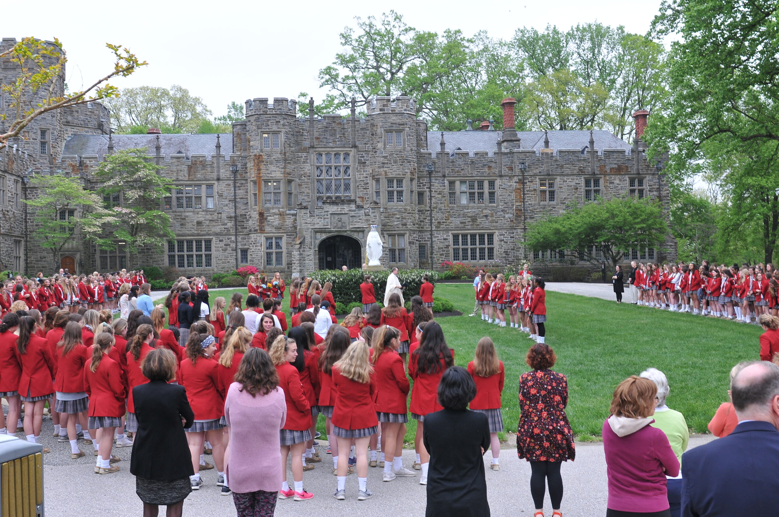 A large number of students arranged on the school grounds